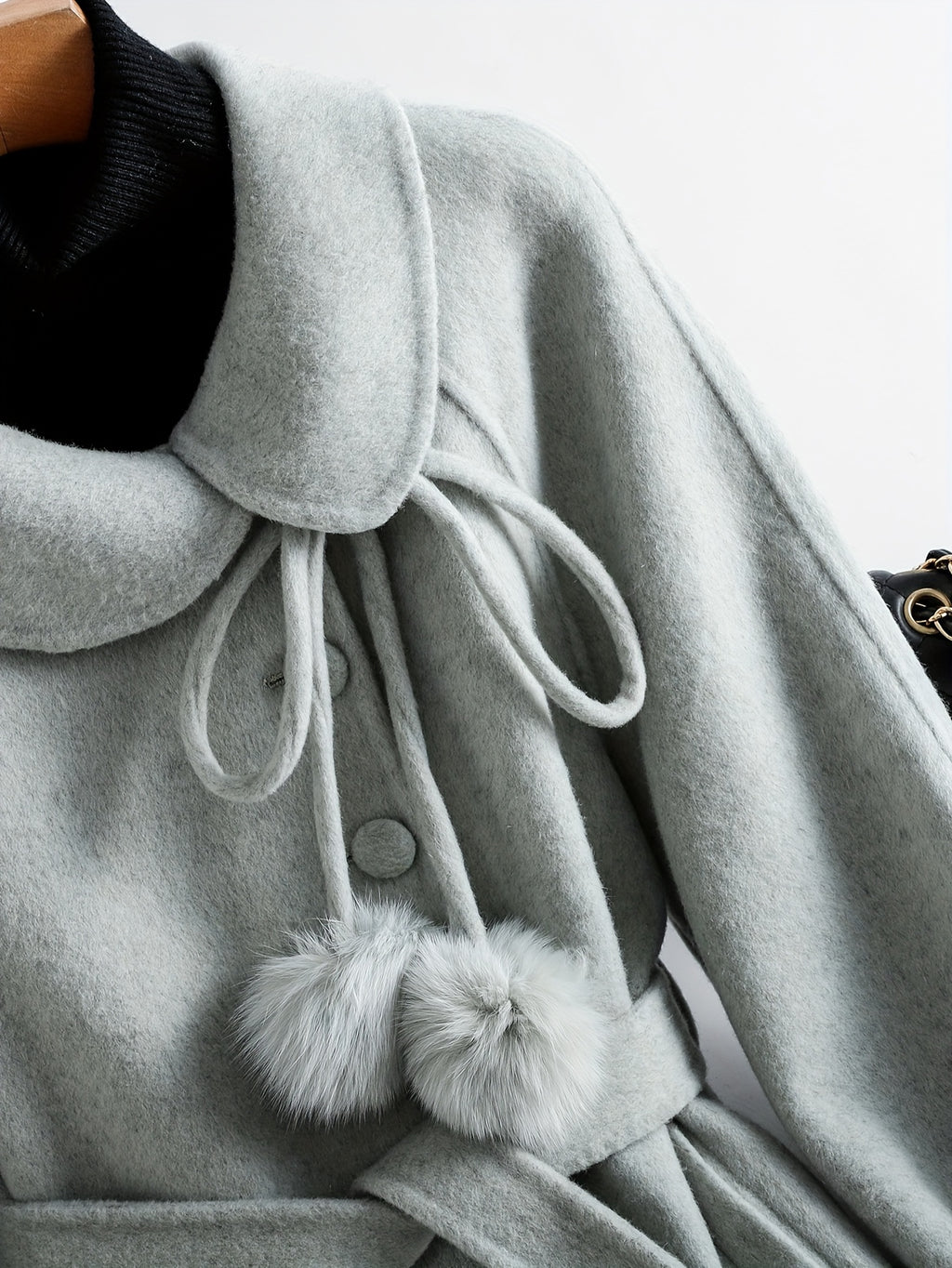 Gentle and Cute Light Green Tweed Luxury Wool Peter Pan Collar Tie Long Coat Women's Autumn Winter Outerwear Casual