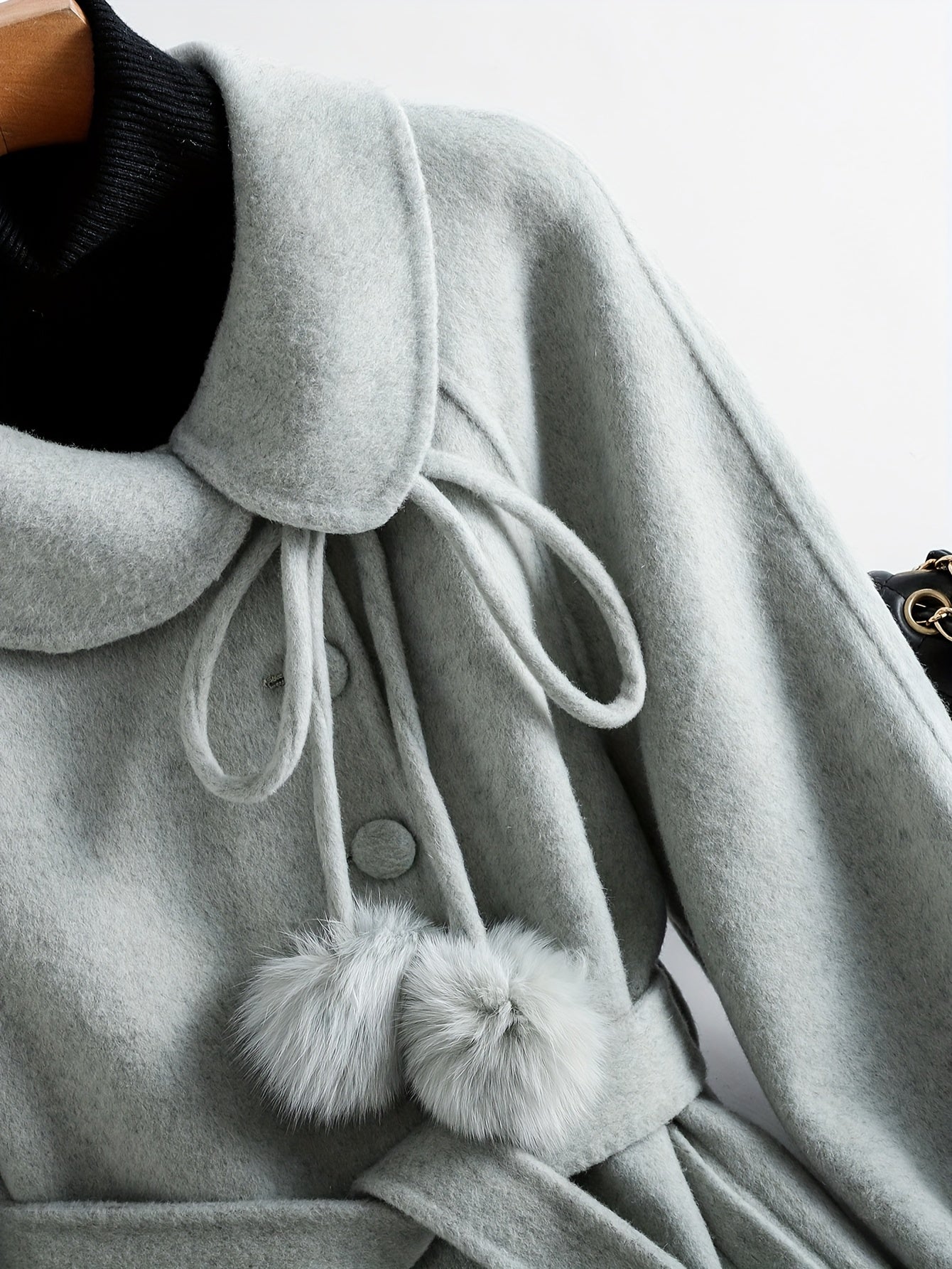 Gentle and Cute Light Green Tweed Luxury Wool Peter Pan Collar Tie Long Coat Women's Autumn Winter Outerwear Casual