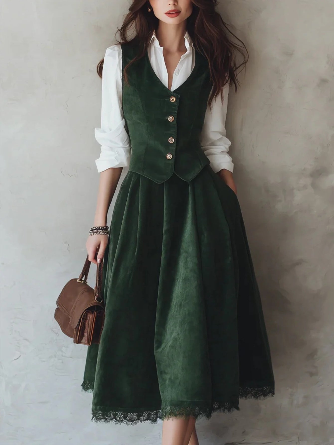 2pcs Women's Dark Green Velvet-Like Vest & Lace-Hem Midi Skirt Set - Vintage Elegant Collar Jacket & Full Skirt Outfit for Fall\u002FWinter, Hand Washable Formal & Professional Wear, Wedding Guest or Office Attire