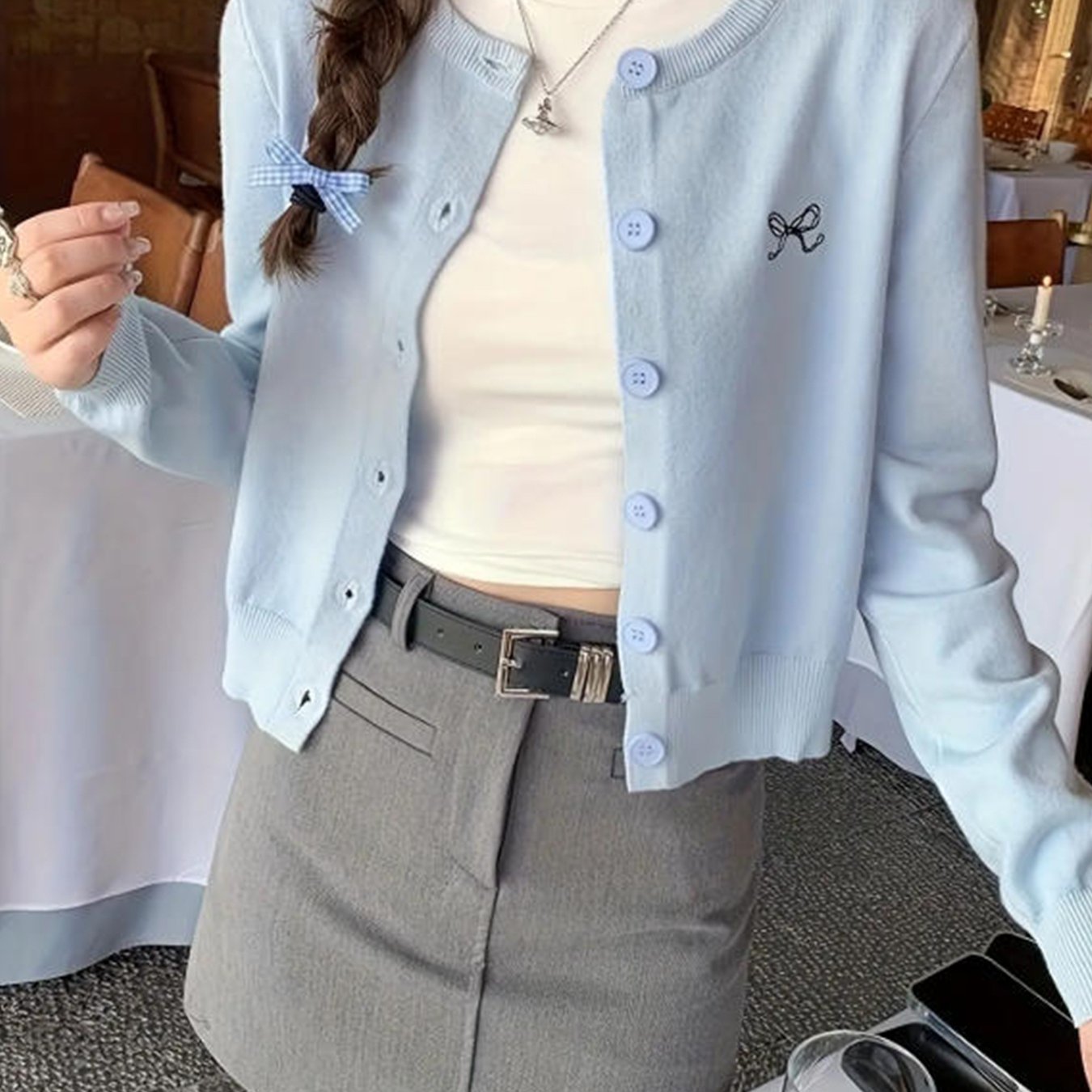 Women's Korean Style -Embroidered Cardigan Jacket - 4 Colors (White\u002FBlack\u002FNavy\u002FBeige) | Short Slim-Fit Blazer-like Coat with Collar & Golden-Tone Buttons | Spring\u002FFall Layering for Casual, Office & College Wear