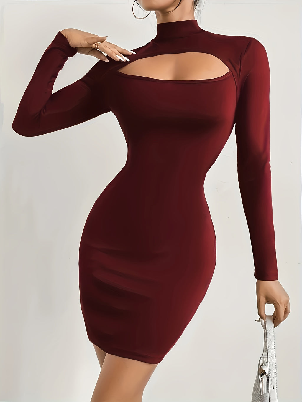 Autumn-Winter Women's Solid Color High Neck Hollow-Out Slim Dress | Pairs with -Style Coat, Casual Style | Suitable for Dates, Concerts