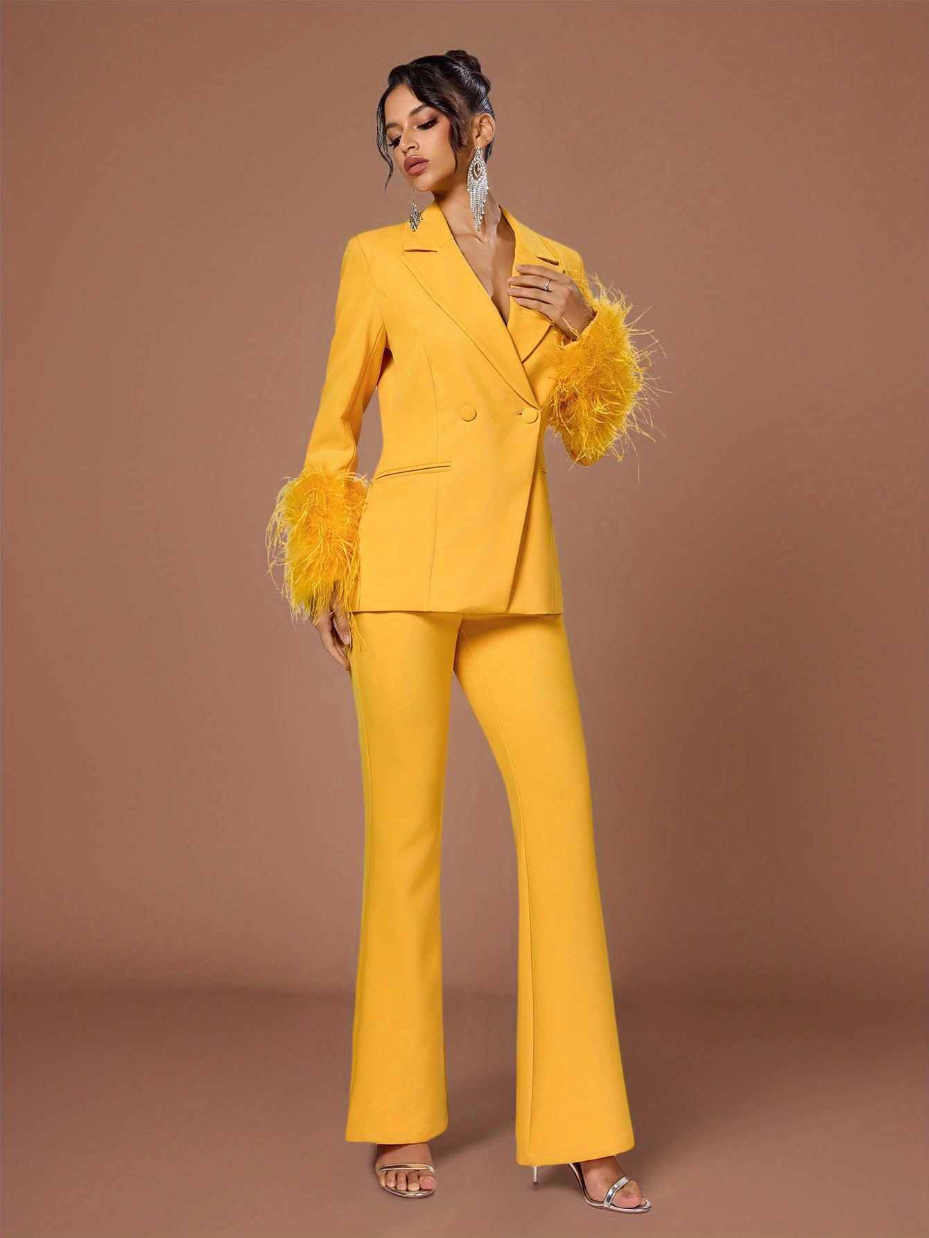 Prosperity Lady Elegant Solid Color Long Sleeve Fuzzy Casual Suit New Single-Buckle Daily Wear Suit