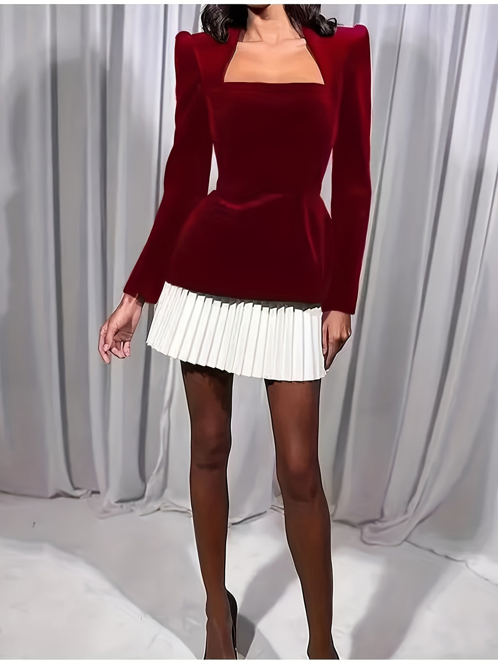 Elegant Red Long Sleeve Mini Dress with Pleated Hem - Square Neck, Fitted Top & Flared Skirt, Perfect for Fall\u002FWinter, Adult Women'S Fashion, Winter Fashion|Sophisticated Style|Polyester Fabric