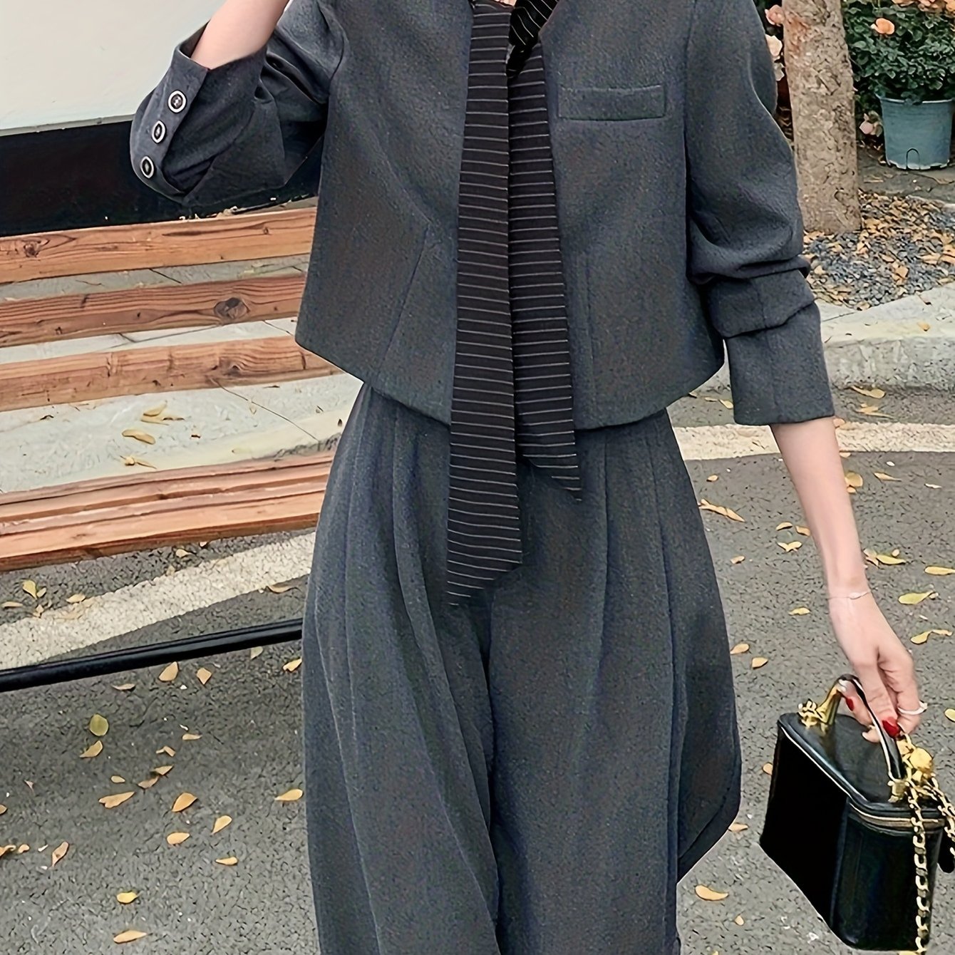 Women'S Two-Piece Autumn\Winter Elegant Commuter Suit Set - High-Waisted Wide-Leg Pants, No-Collar Short Jacket, Solid Color, Casual Style, Perfect for Fall\u002FWinter, Casual Attire|Elegant Commuter Suit|Wideleg Pants, Ladies Pantsuit