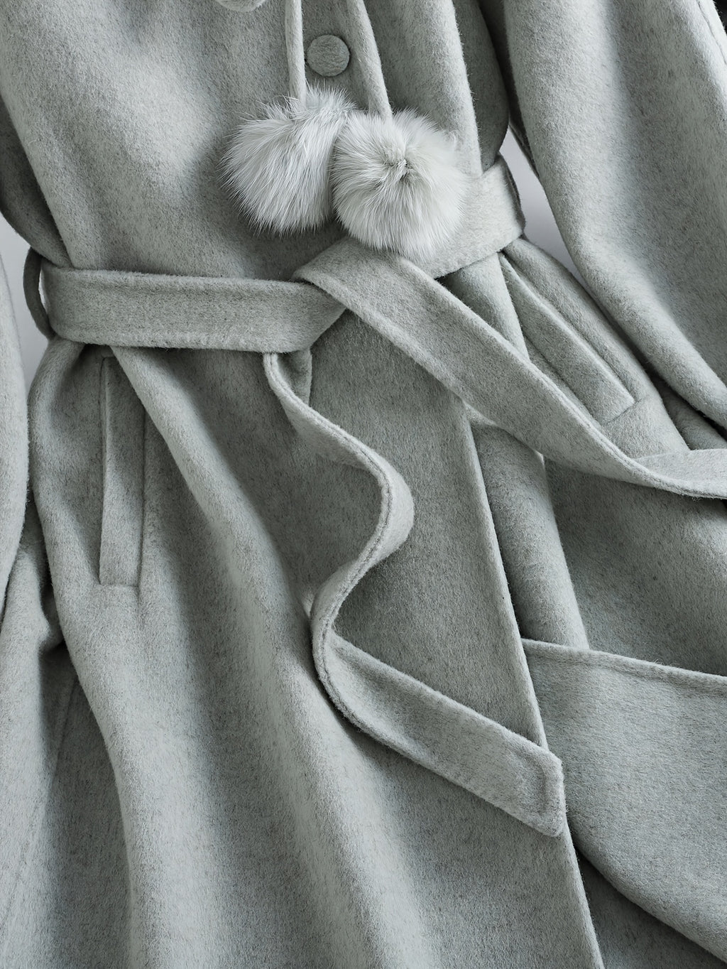 Gentle and Cute Light Green Tweed Luxury Wool Peter Pan Collar Tie Long Coat Women's Autumn Winter Outerwear Casual