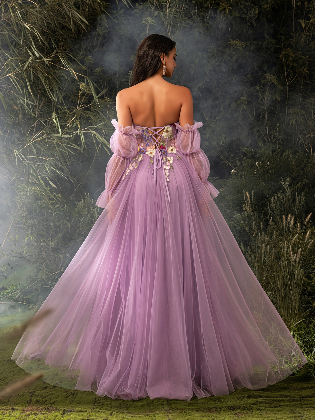 Elegant Off-Shoulder Corset Dress with Floral Embroidery & Tulle Skirt - Long Sleeve, High Slit, Floor-Length Evening Gown for Weddings, Parties, Formal Events, Wedding Guest Attire, Sophisticated Craftsmanship