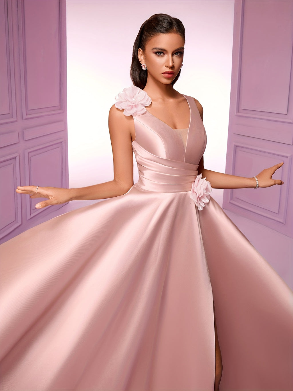 Elegant Women'S Sleeveless V-Neck Gown with Floral Waist Detail - High Waist, Flowing Silhouette, Perfect for Parties, Galas, and Formal Events, High Waist Gown