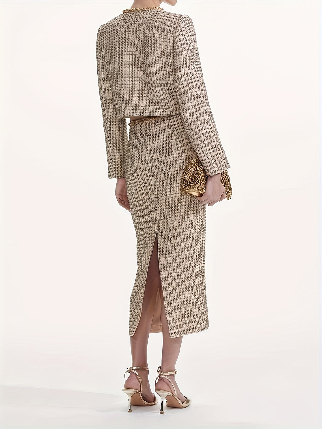 Two-Piece Set of Dazzling Evening Wear, Featuring a Delicate And Heavy-Duty Beaded Golden Tweed Skirt And a Midi Dress Set 2902.