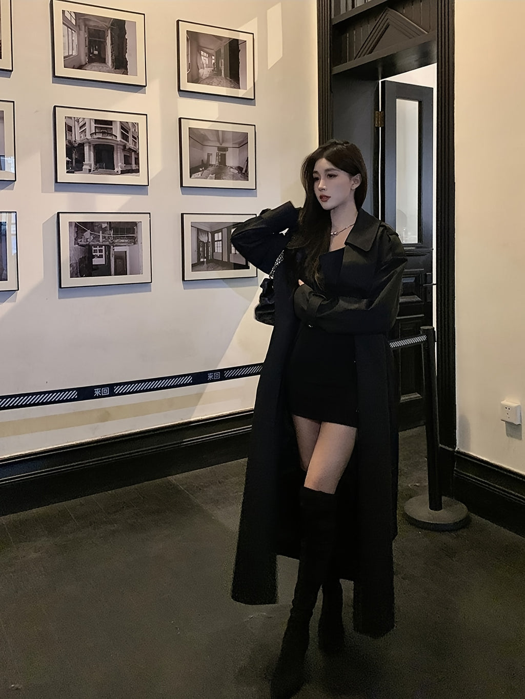 Women'S Elegant Black Lace-Up Fitted Long Coat Jacket - Chic Button-Front Closure, Non-Stretch Fabric, Loose Fit, Perfect for Fall\u002FWinter, Office, Party