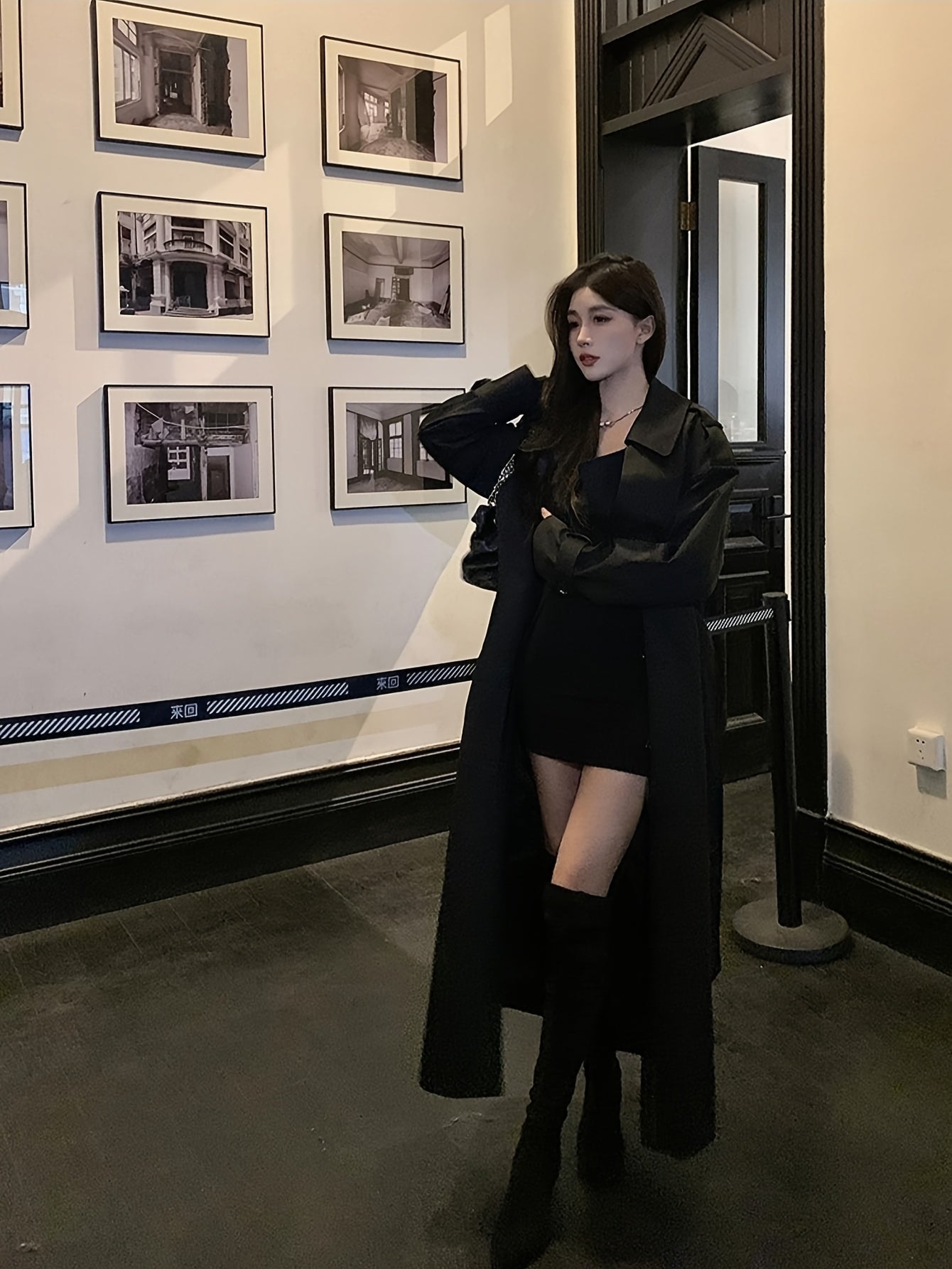 Women'S Elegant Black Lace-Up Fitted Long Coat Jacket - Chic Button-Front Closure, Non-Stretch Fabric, Loose Fit, Perfect for Fall\u002FWinter, Office, Party