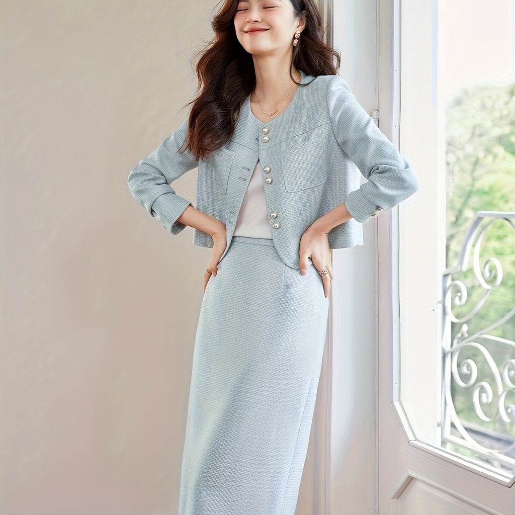 French elegant small fragrance commuting set for women in spring and autumn commuting fashion, versatile Korean A-line skirt two-piece set for women