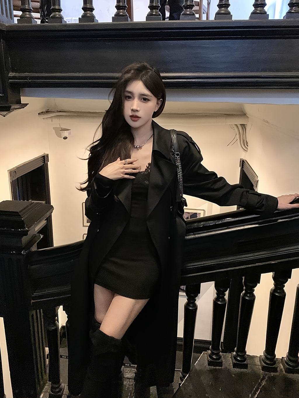 Women'S Elegant Black Lace-Up Fitted Long Coat Jacket - Chic Button-Front Closure, Non-Stretch Fabric, Loose Fit, Perfect for Fall\u002FWinter, Office, Party