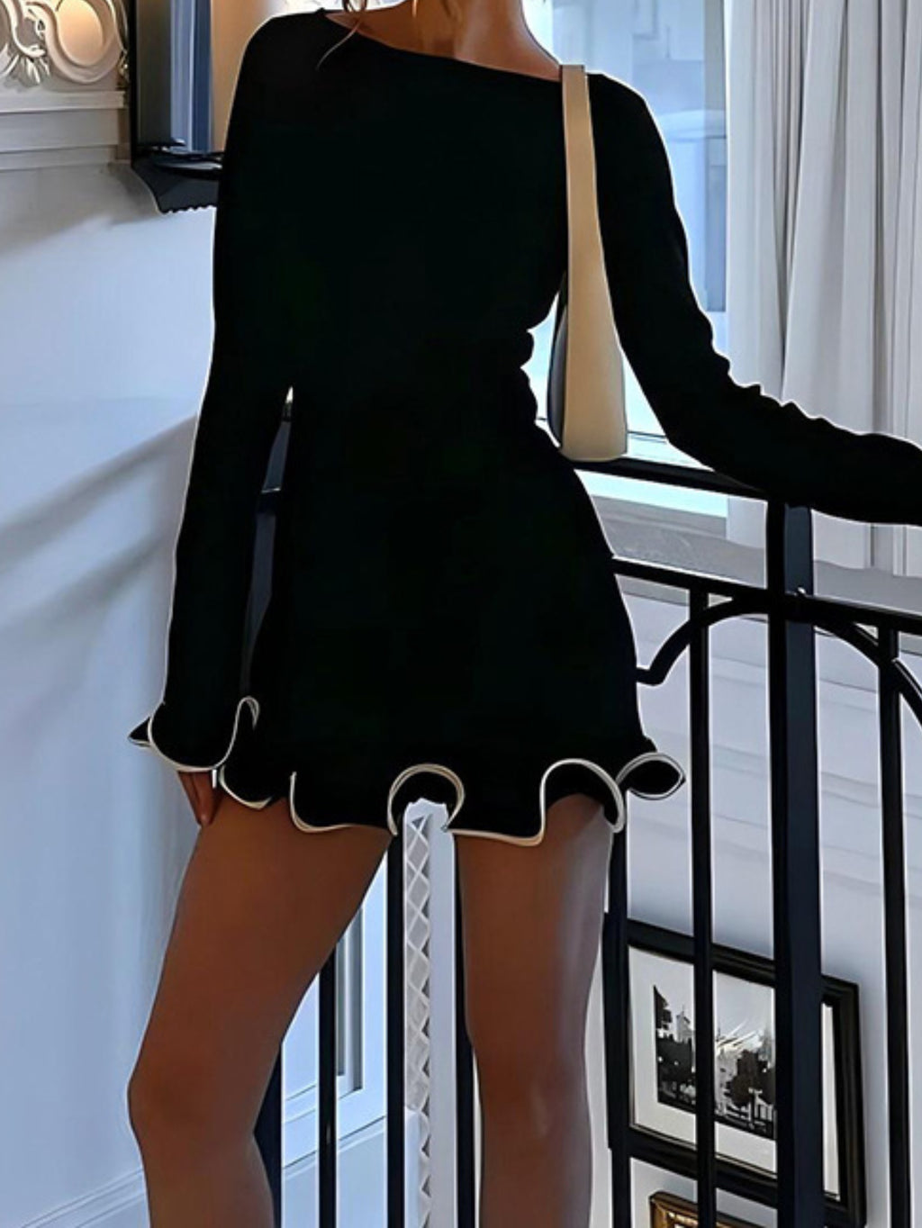 Women's Elegant Off-the-Shoulder Mini Dress with Lotus Leaf Hem & White Collar Trim - Fitted A-Line Party Wedding Guest Dress, Hand Washable Winter Outfits (Black &) - No- Solid Color Block Dress for Daily Wear