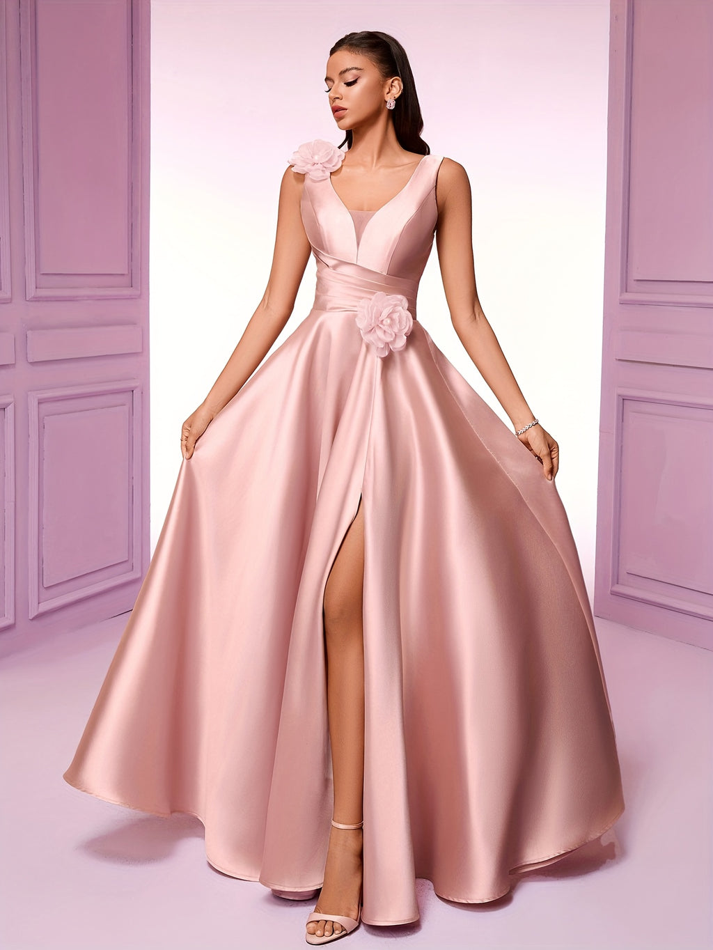 Elegant Women'S Sleeveless V-Neck Gown with Floral Waist Detail - High Waist, Flowing Silhouette, Perfect for Parties, Galas, and Formal Events, High Waist Gown