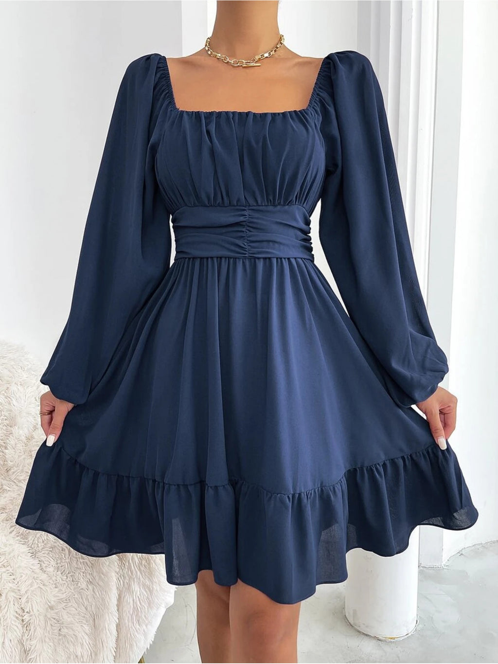 Women'S Elegant Navy Knot Back Lantern Sleeve Ruffle Hem Milkmaid Dress - Square Neck Short Formal Party Wedding Guest Dress with Puff Sleeve Ruffles, All-Season Versatile Party & Semi-Formal Attire, Comfortable & Flattering Fit, Easy Care Fabric
