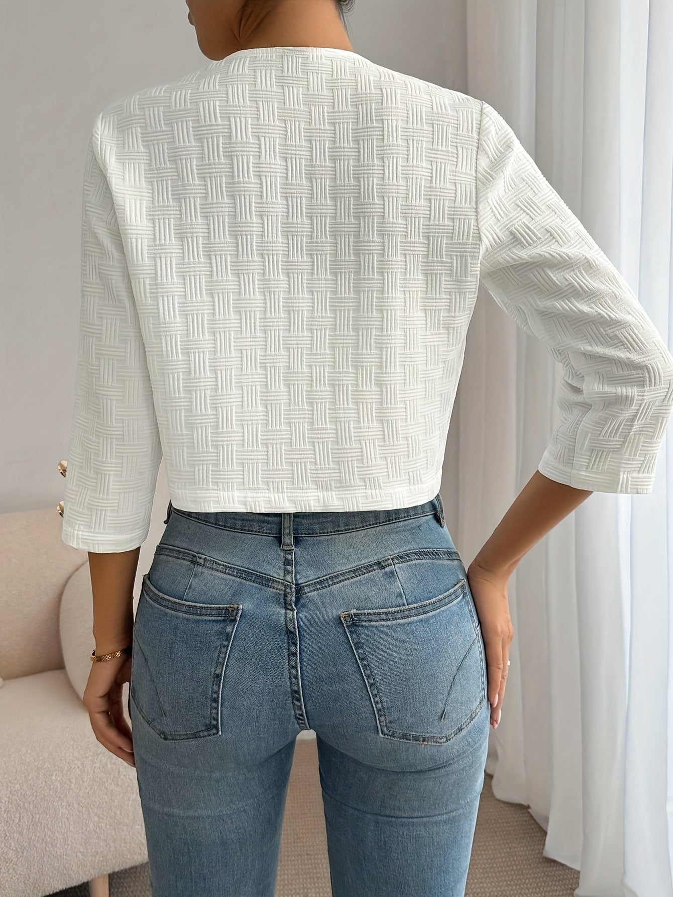 Women's Elegant Retro White Jacket - Casual Chic Cropped Three-Quarter Sleeve Open Front Blazer, Solid Color All-Season Versatile Outerwear, Stylish Layering, Sophisticated Tailoring