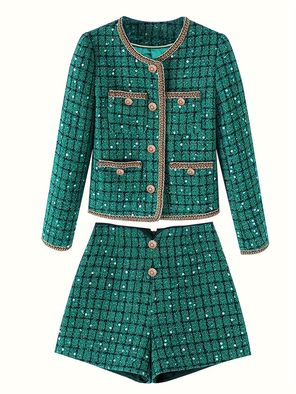 Autumn\Winter Orientation Fashionable green socialite high-end sequin retro woven lace round neck jacket + Women's shorts set