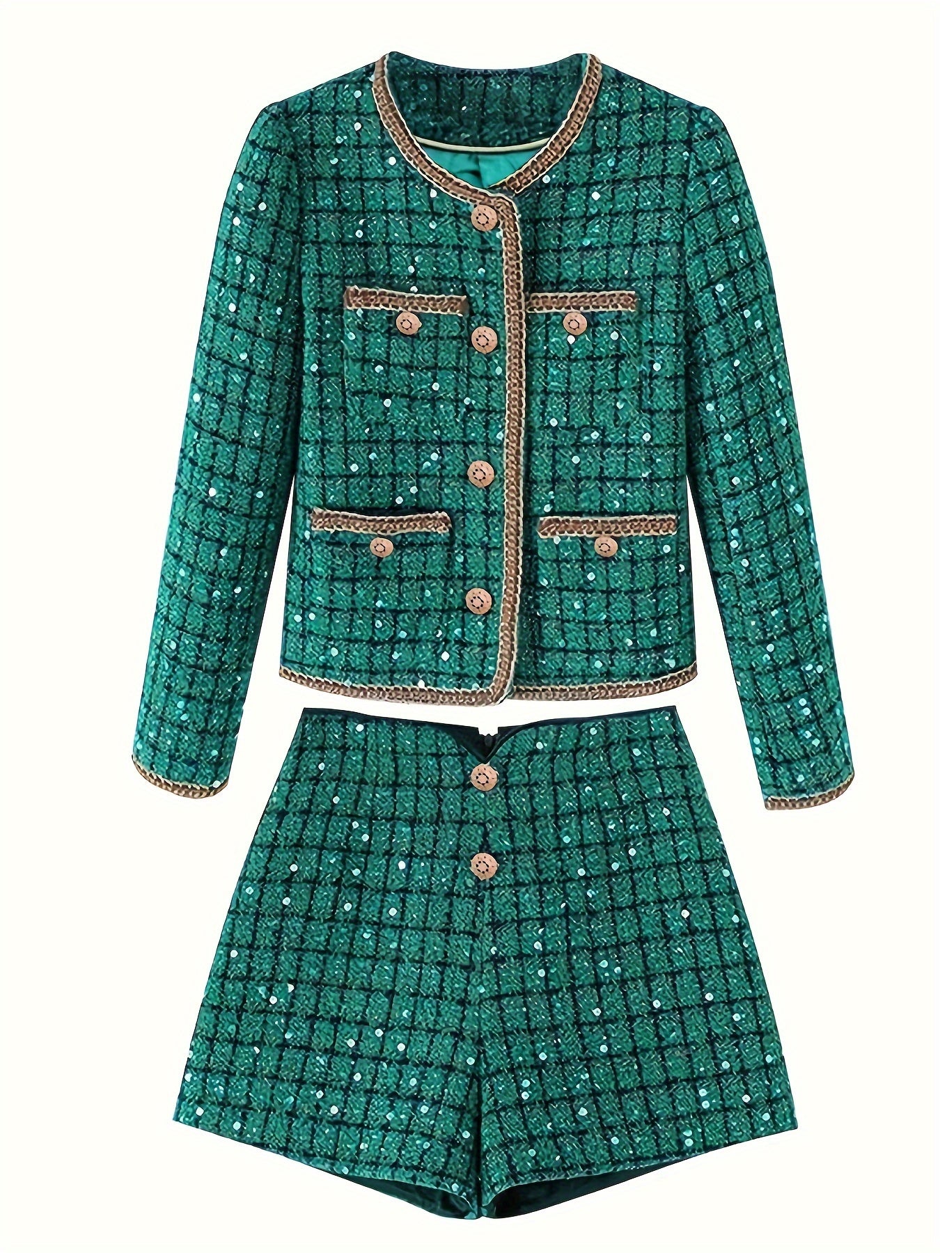 Autumn\Winter Orientation Fashionable green socialite high-end sequin retro woven lace round neck jacket + Women's shorts set