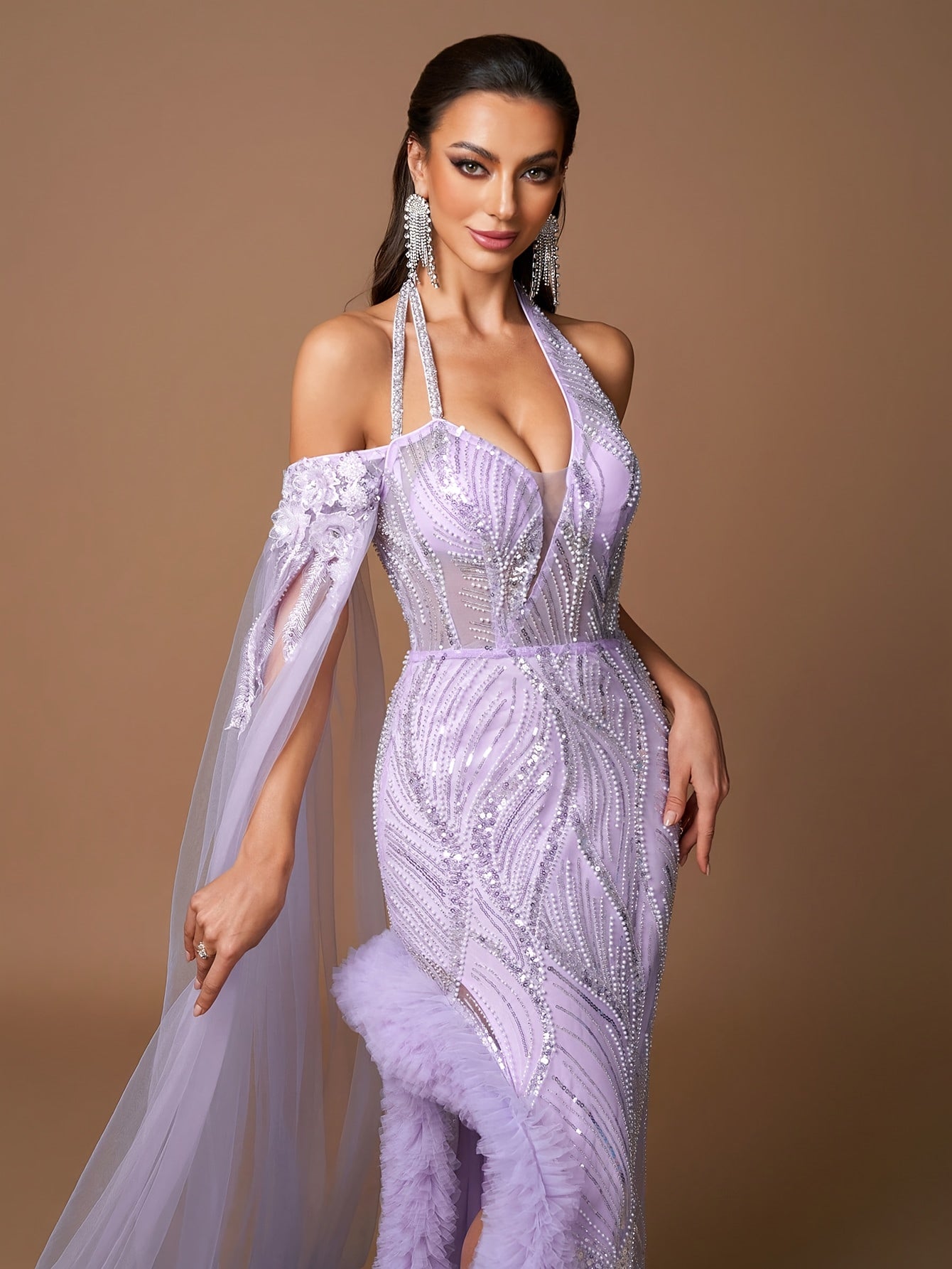 Elegant Lavender Halter Neck Evening Gown for Women | Deep V-Neck with Sequin Detail | Ruffled Lace-Up Bodice & High-Low Hem | Sheer Mesh Sleeves | Perfect for Formal Events