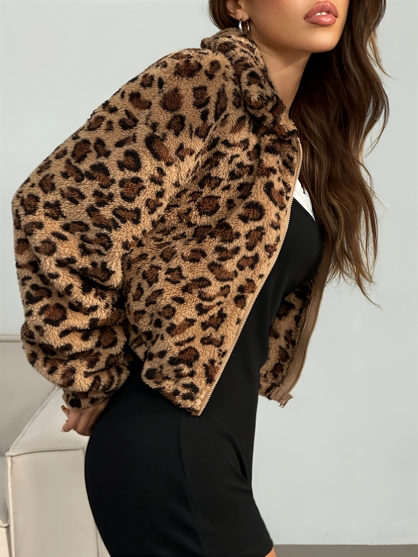 Leopard Print Winter Jacket Stylish Women's Leopard Print Jacket - Winter Coat with High Neck | Warm Outerwear in Black & Tan | Non-Transparent Fabric for Everyday & Formal Events | Fall\u002FWinter Fashion Jacket | Quality Stitching, Durable Material