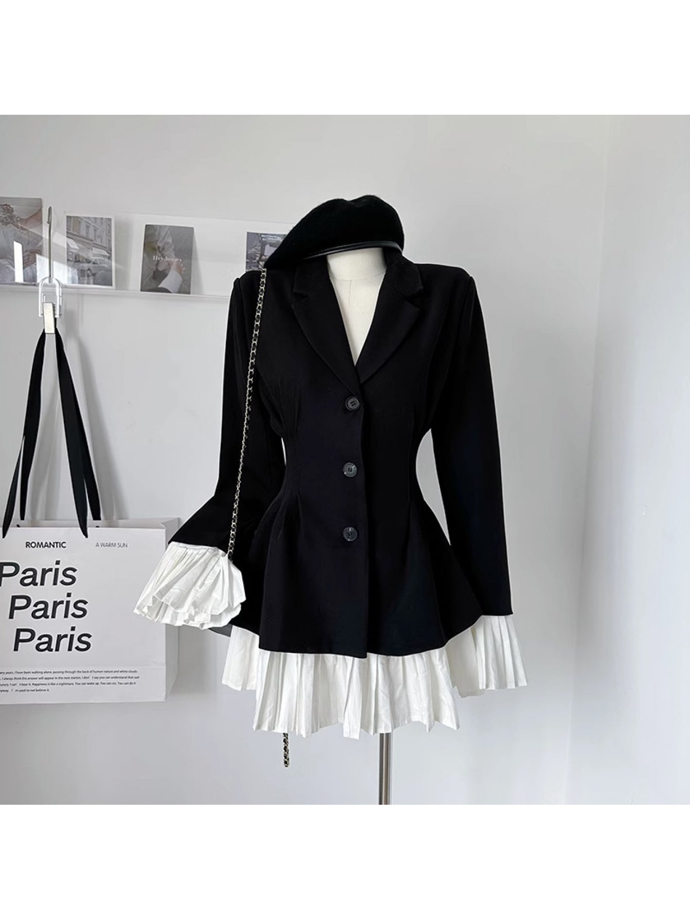 Women's French-Style Elegant Patchwork Button-Front Dress with  - Short Skirt, Ruffle Trim Long Sleeve Wedding Guest Dress, Autumn\u002FWinter Party Attire (Solid Colors)